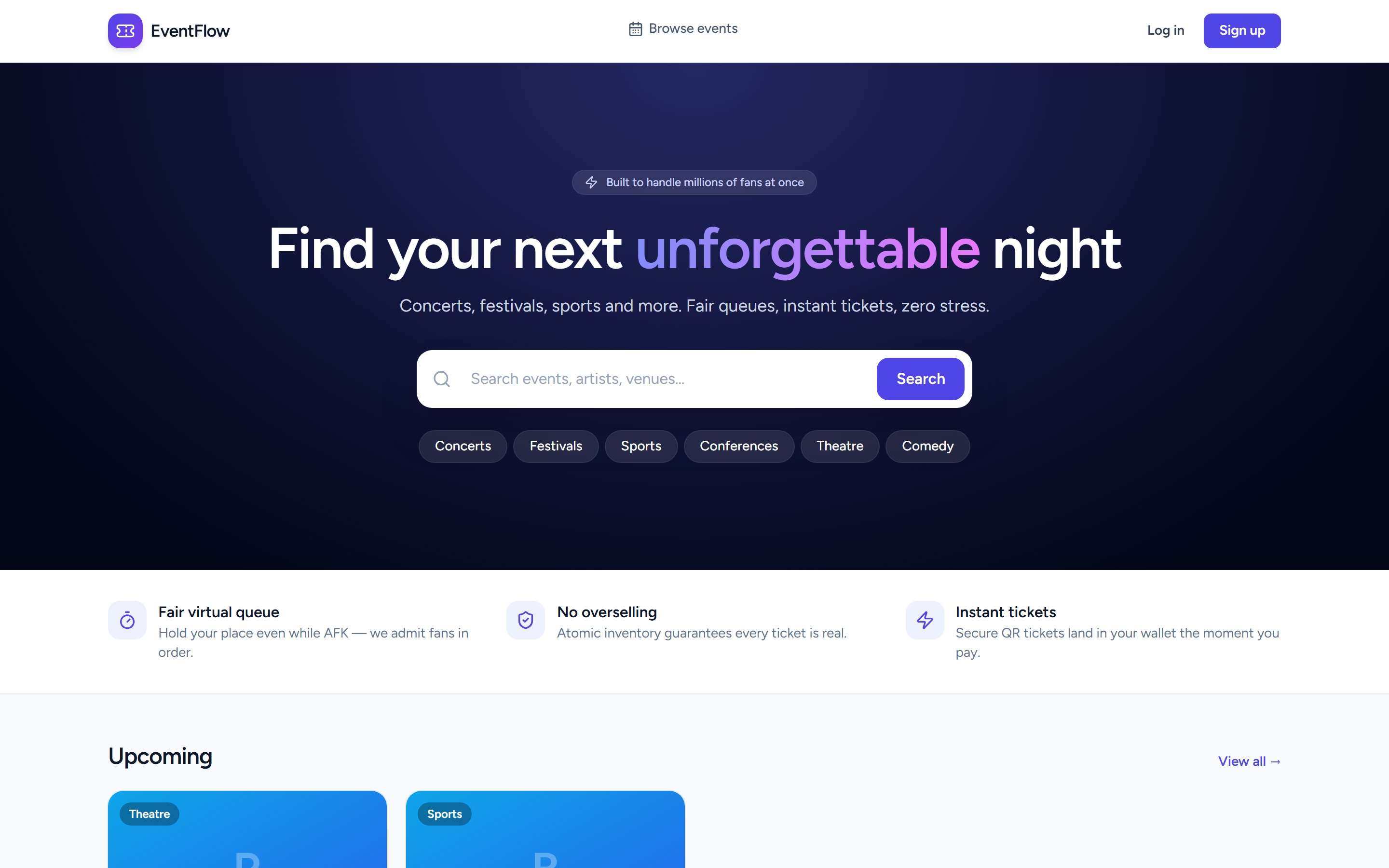 The EventFlow storefront: a search over concerts, festivals, sports, conferences, theatre and comedy, above the three guarantees the platform makes about queueing, inventory and ticket delivery.