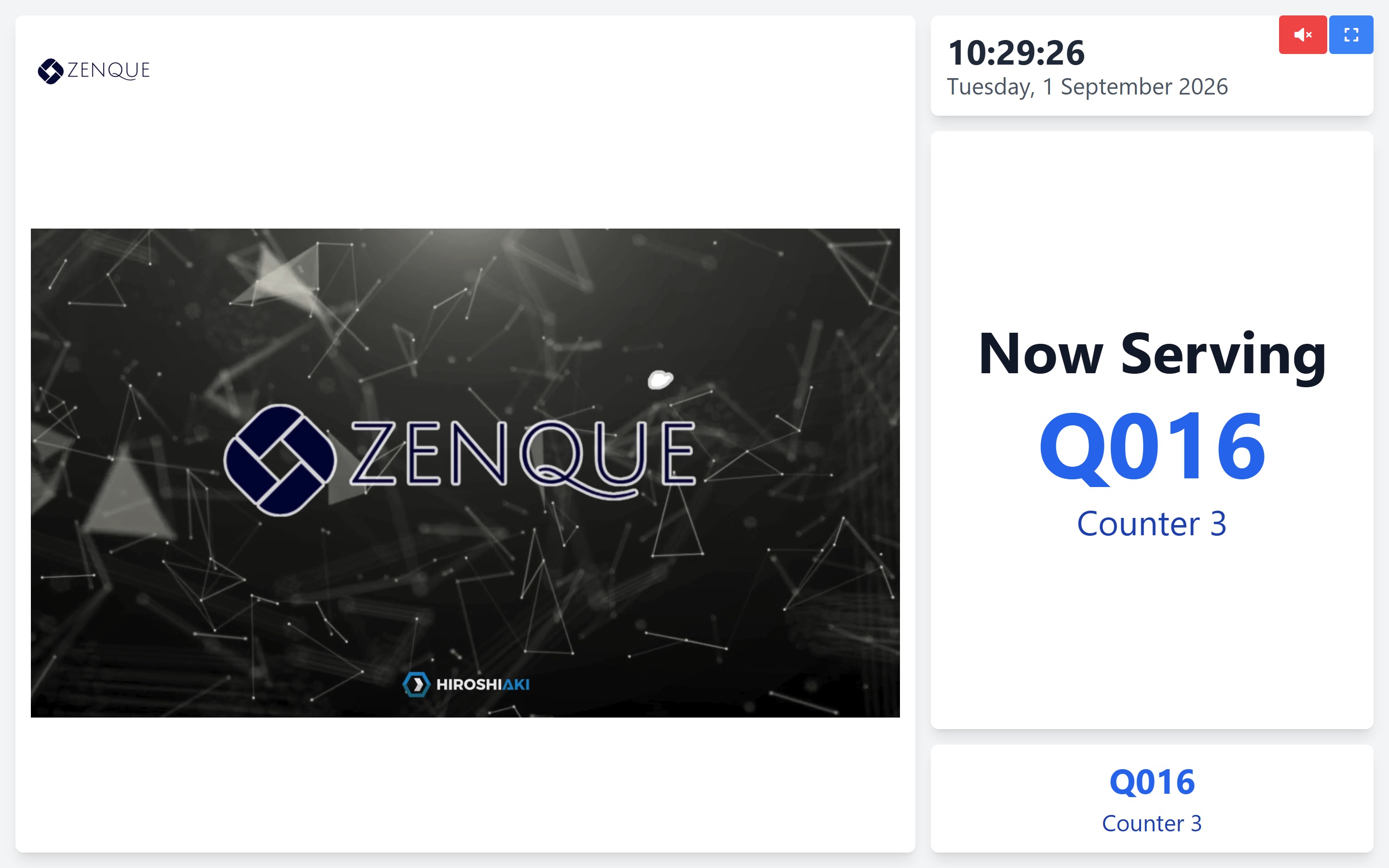 The QueueMS public display: now serving Q016 at counter 3, with the live clock and the advertisement panel beside it.